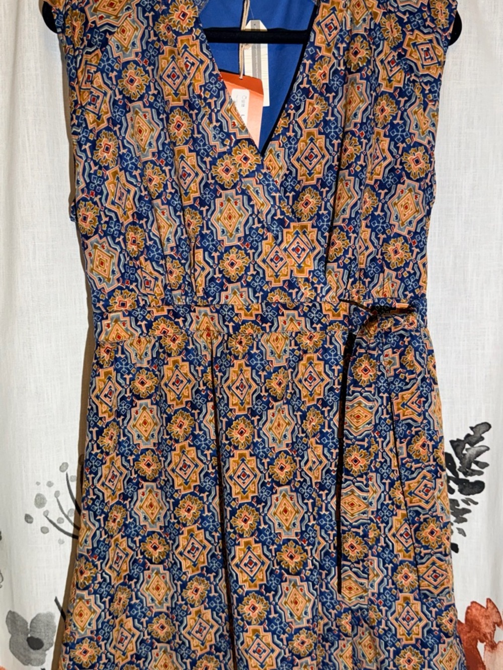 Anthropologie Tulle Women's Navy & Orange Printed V-Neck Tie-Waist Dress - Picture 2 of 11